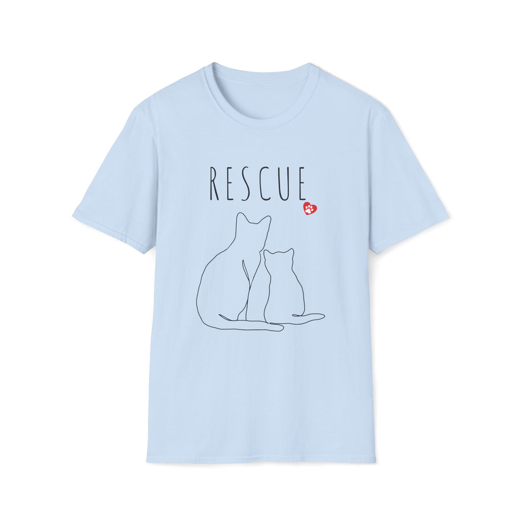 Light blue t-shirt with 'RESCUE' text and cat illustrations on a white background