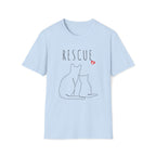 Light blue t-shirt with 'RESCUE' text and cat illustrations on a white background