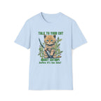 Light blue t-shirt with a cat with a knife and catnip funny graphic 