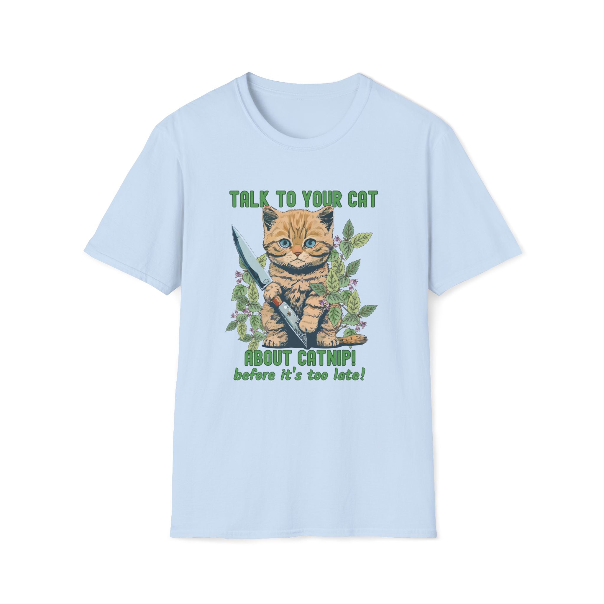 Light blue t-shirt with a cat with a knife and catnip funny graphic 