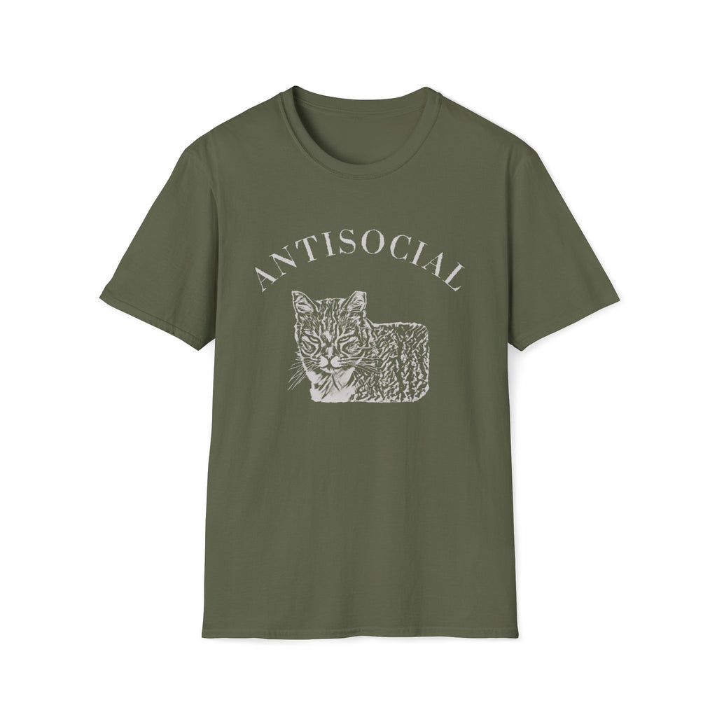 Military Green T-shirt with a grumpy cat illustration and the word ‘Antisocial.’ Funny cat lover and rescue volunteer shirt. Cat With Ear Tip makes it perfect for TNR Feral Cat Trap Advocates
