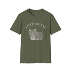 Military Green T-shirt with a grumpy cat illustration and the word ‘Antisocial.’ Funny cat lover and rescue volunteer shirt. Cat With Ear Tip makes it perfect for TNR Feral Cat Trap Advocates