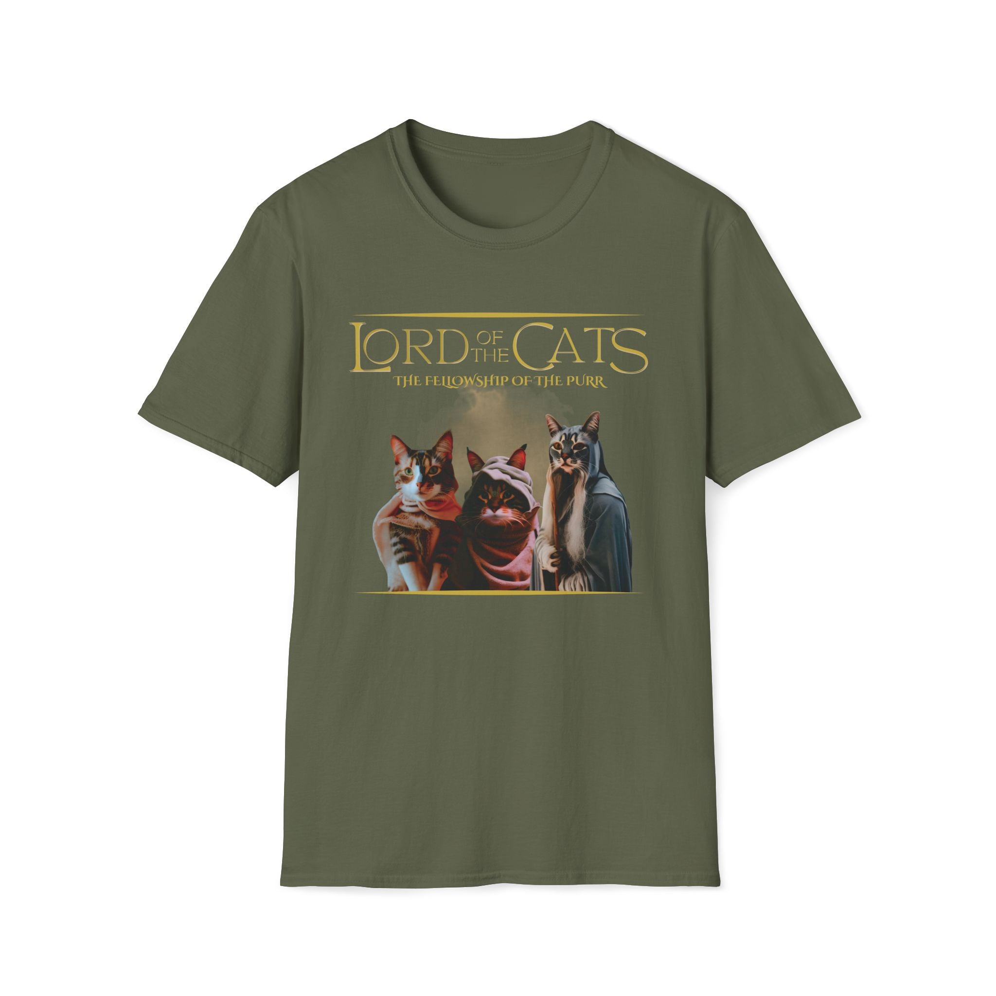 Green t-shirt with 'Lord of the Cats' graphic featuring three cats and Fellowship of the Purr tolkein parody shirt