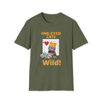 Green t-shirt with a graphic of a cat wearing a crown and text 'One-Eyed Cats Are Wild' on a white background