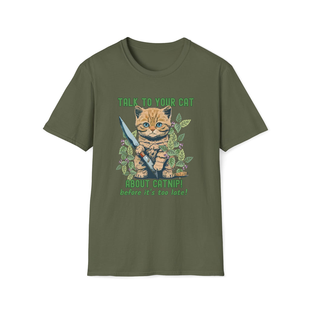 Green t-shirt with a cat graphic and text on a white background