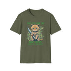Green t-shirt with a cat graphic and text on a white background