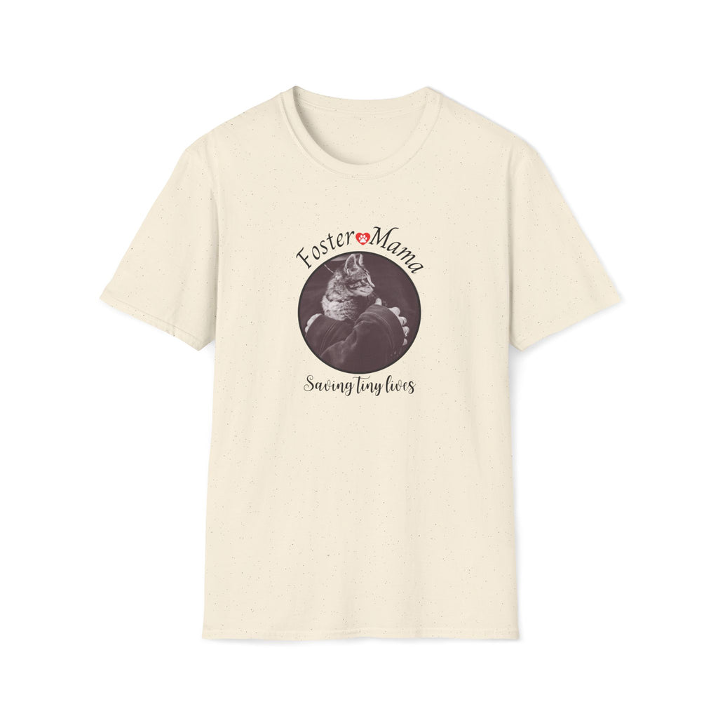 Beige t-shirt with a graphic of a cat and text 'Foster Mama Saving Tiny Lives' on a white background