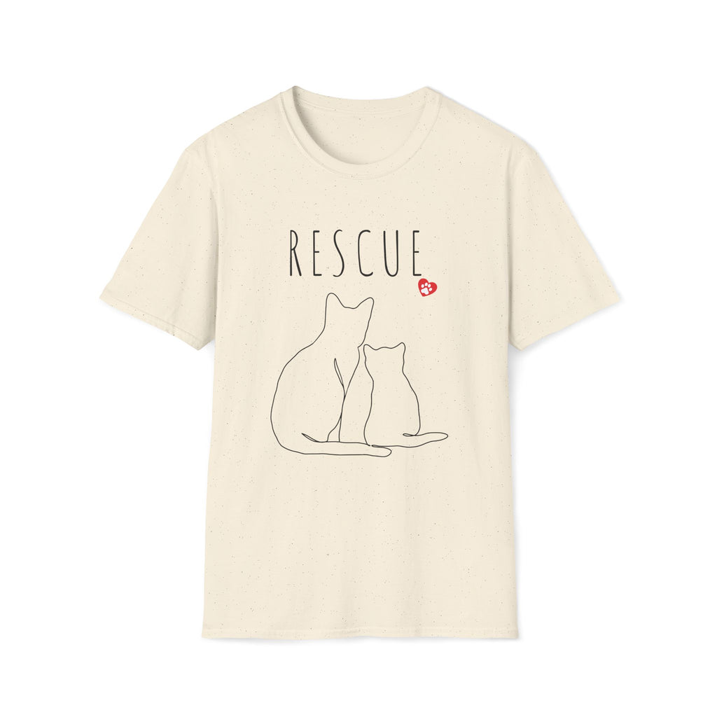 Beige t-shirt with cat illustration and 'RESCUE' text on a white background
