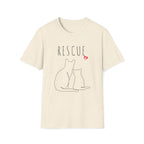 Beige t-shirt with cat illustration and 'RESCUE' text on a white background