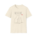 Beige t-shirt with cat illustration and 'Rescue' text on a white background