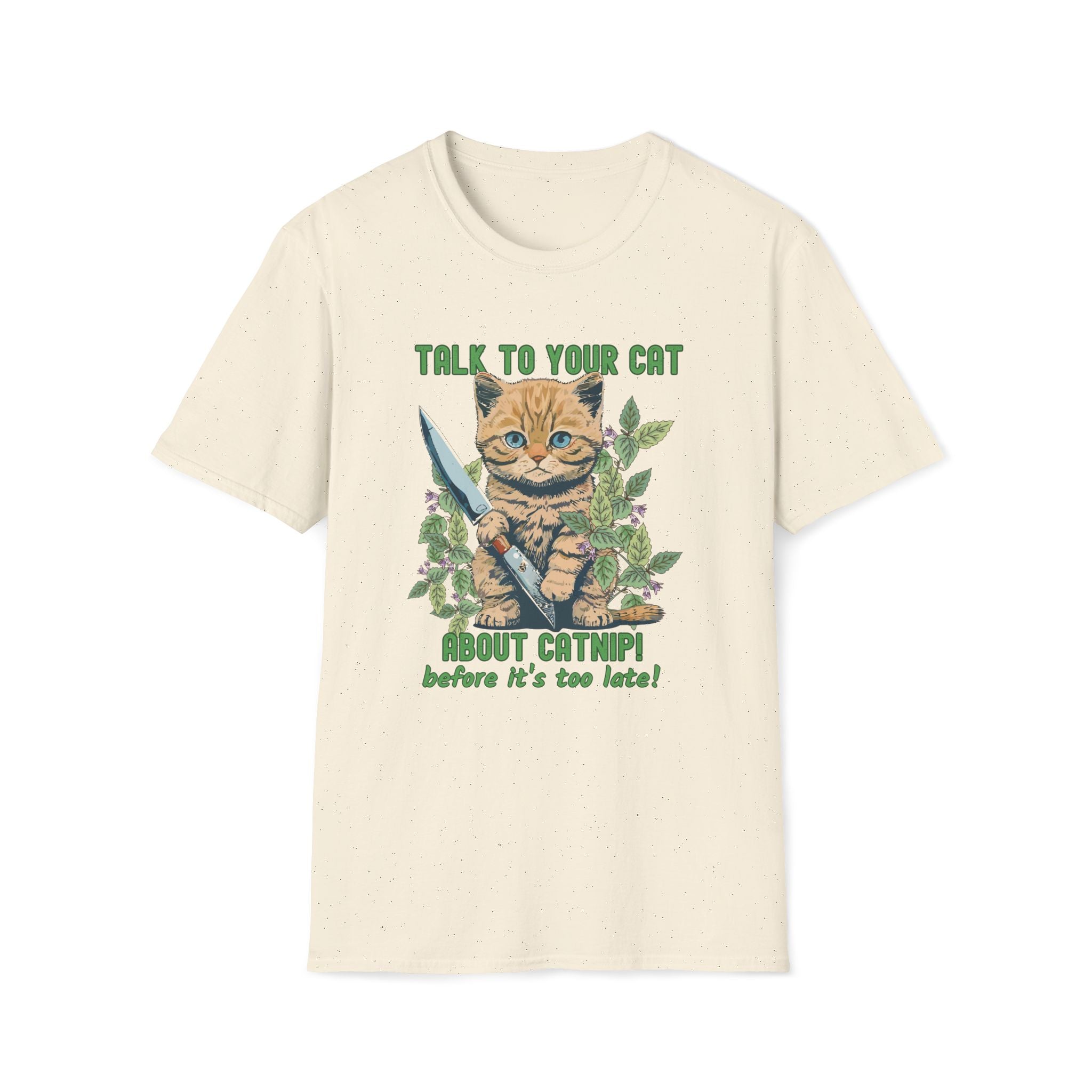 T-shirt with a cat graphic and text on a white background