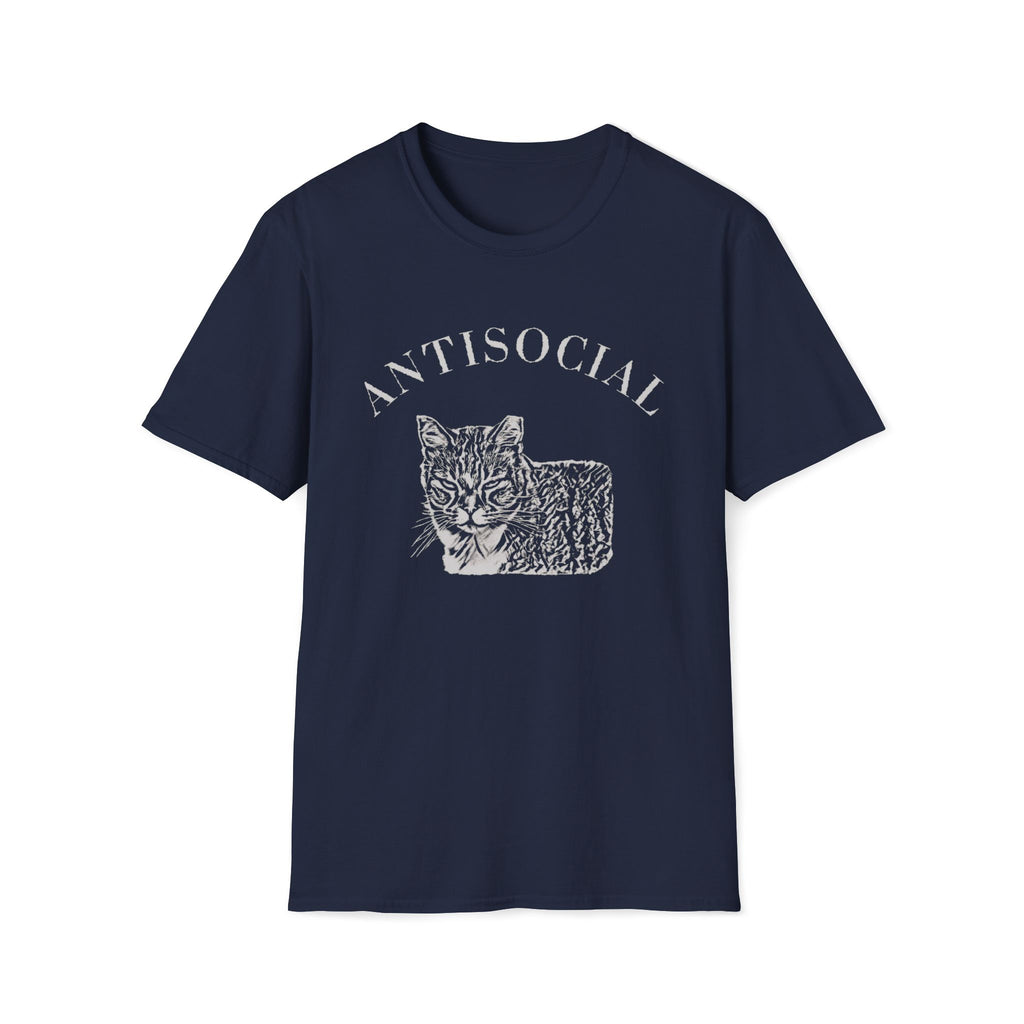 navy T-shirt with a grumpy cat line art illustration and the word ‘Antisocial.’ Funny cat lover and rescue volunteer shirt. Cat With Ear Tip makes it perfect for TNR Feral Cat Trap Advocates