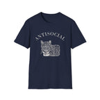 navy T-shirt with a grumpy cat line art illustration and the word ‘Antisocial.’ Funny cat lover and rescue volunteer shirt. Cat With Ear Tip makes it perfect for TNR Feral Cat Trap Advocates
