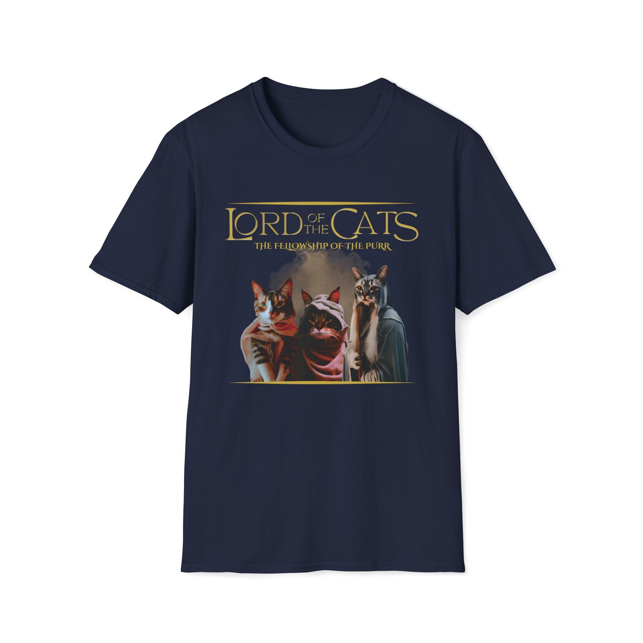 Navy blue t-shirt with 'Lord of the Cats' graphic featuring cats in costumes on a white background