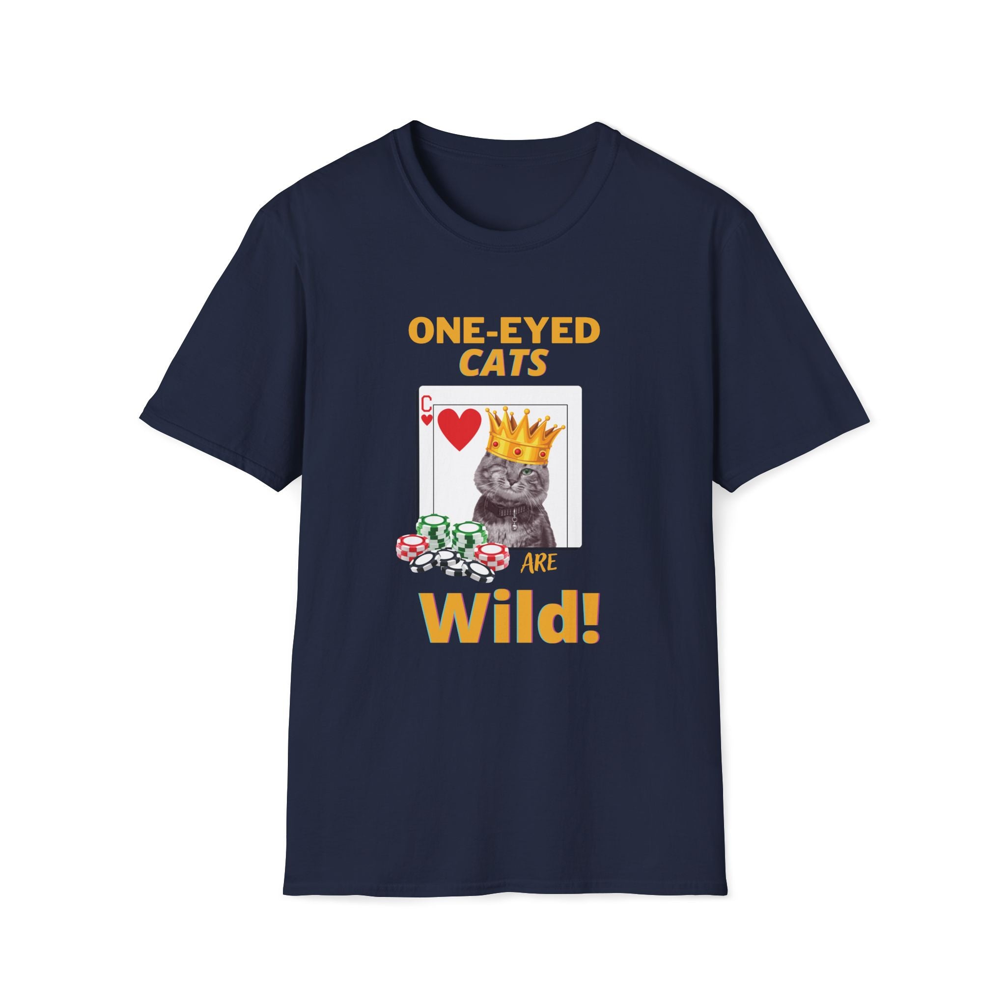 Navy blue t-shirt with a graphic of a cat wearing a crown and text 'One-Eyed Cats Are Wild!' on a white background.