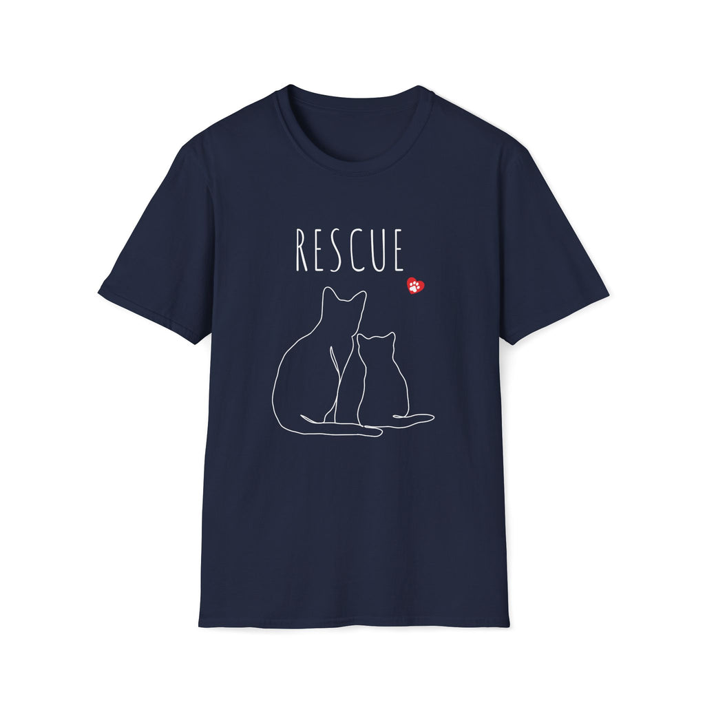 Navy blue t-shirt with white cat illustrations and 'RESCUE' text on a white background