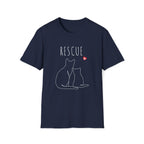 Navy blue t-shirt with white cat illustrations and 'RESCUE' text on a white background