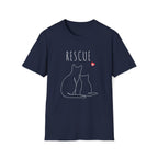 Navy blue t-shirt with white cat illustrations and 'RESCUE' text on a white background