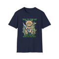 Navy blue t-shirt with a cat graphic and text on a white background