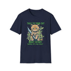 Navy blue t-shirt with a cat graphic and text on a white background