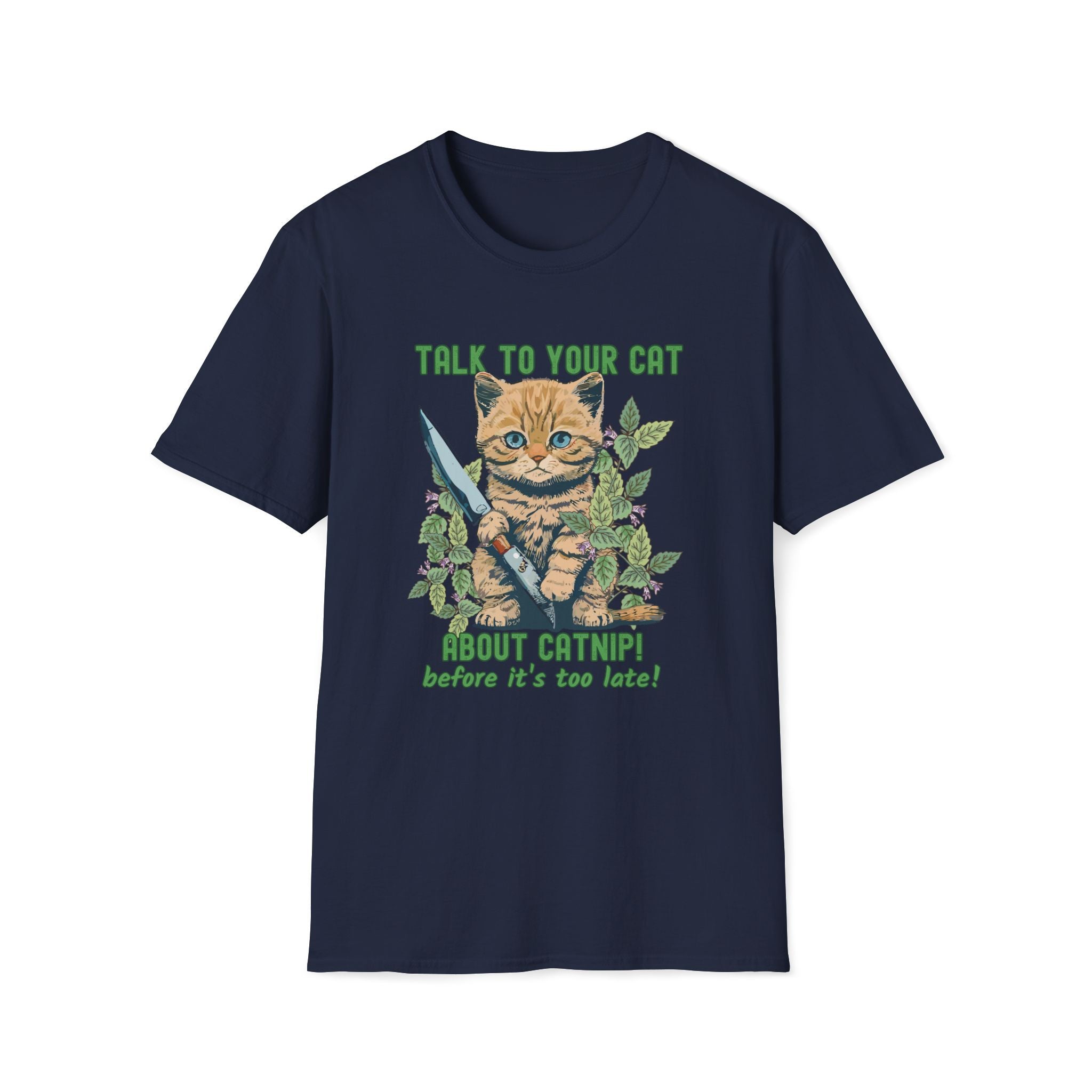 Navy blue t-shirt with a cat graphic and text on a white background