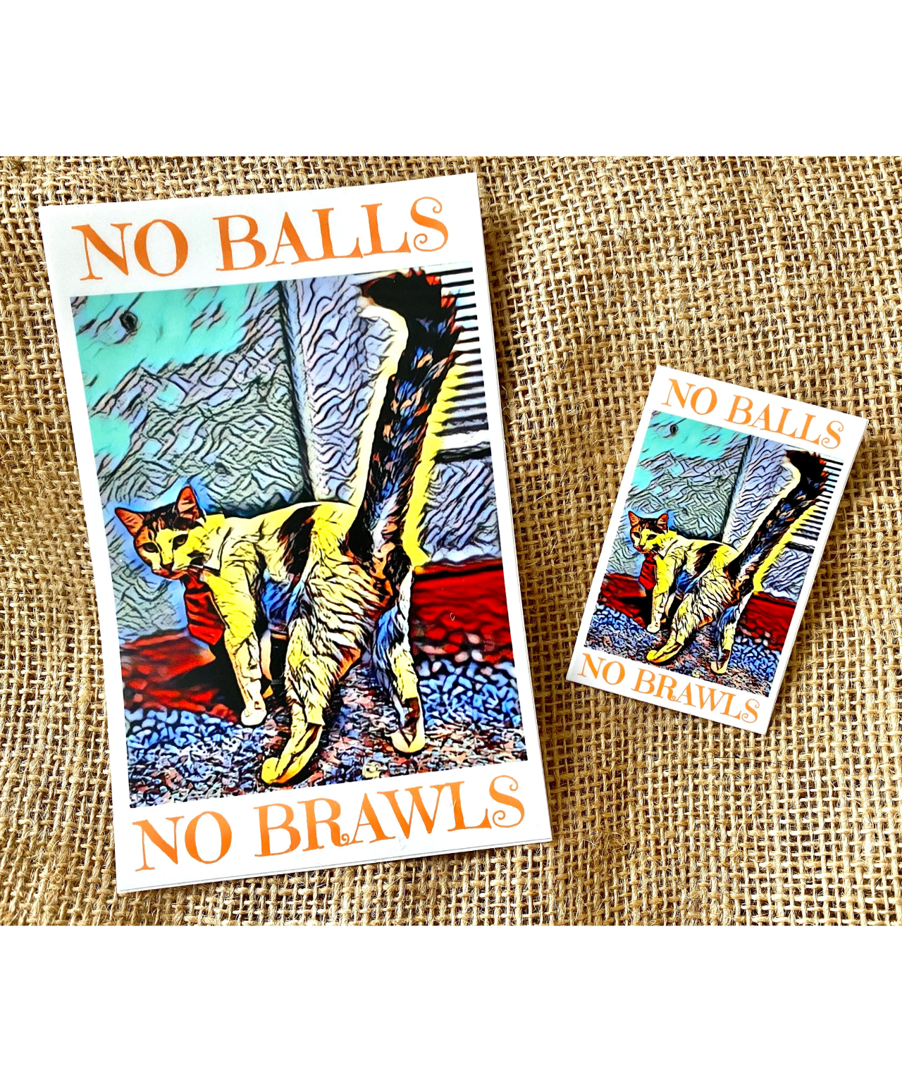 TNR Sticker reads No Balls No Brawls for TNR Advocates, colony care givers, stray cats, community cats, street cats, animal rescue. Trap Neuter Return. Spay Neuter advocates