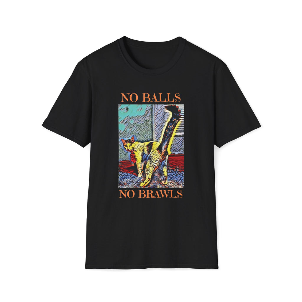 black “No Balls No Brawls” cat rescue shirt featuring a colorful cat design. Funny TNR awareness tee promoting spay and neuter programs, animal rescue, and feral cat care.