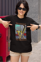 TNR Cat Advocate Shirt in Black Colorful Artistic Design of a sassy cat with tail held high.  Woman is smiling and pointing proudly to the design on her short sleeved crewneck shirt.