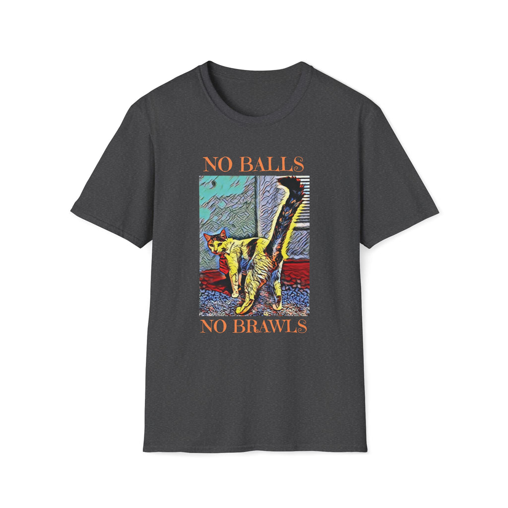 Sassy cat design with moxi Gray “No Balls No Brawls” cat rescue shirt featuring a colorful cat design. Funny TNR awareness tee promoting spay and neuter programs, animal rescue, and feral cat care.