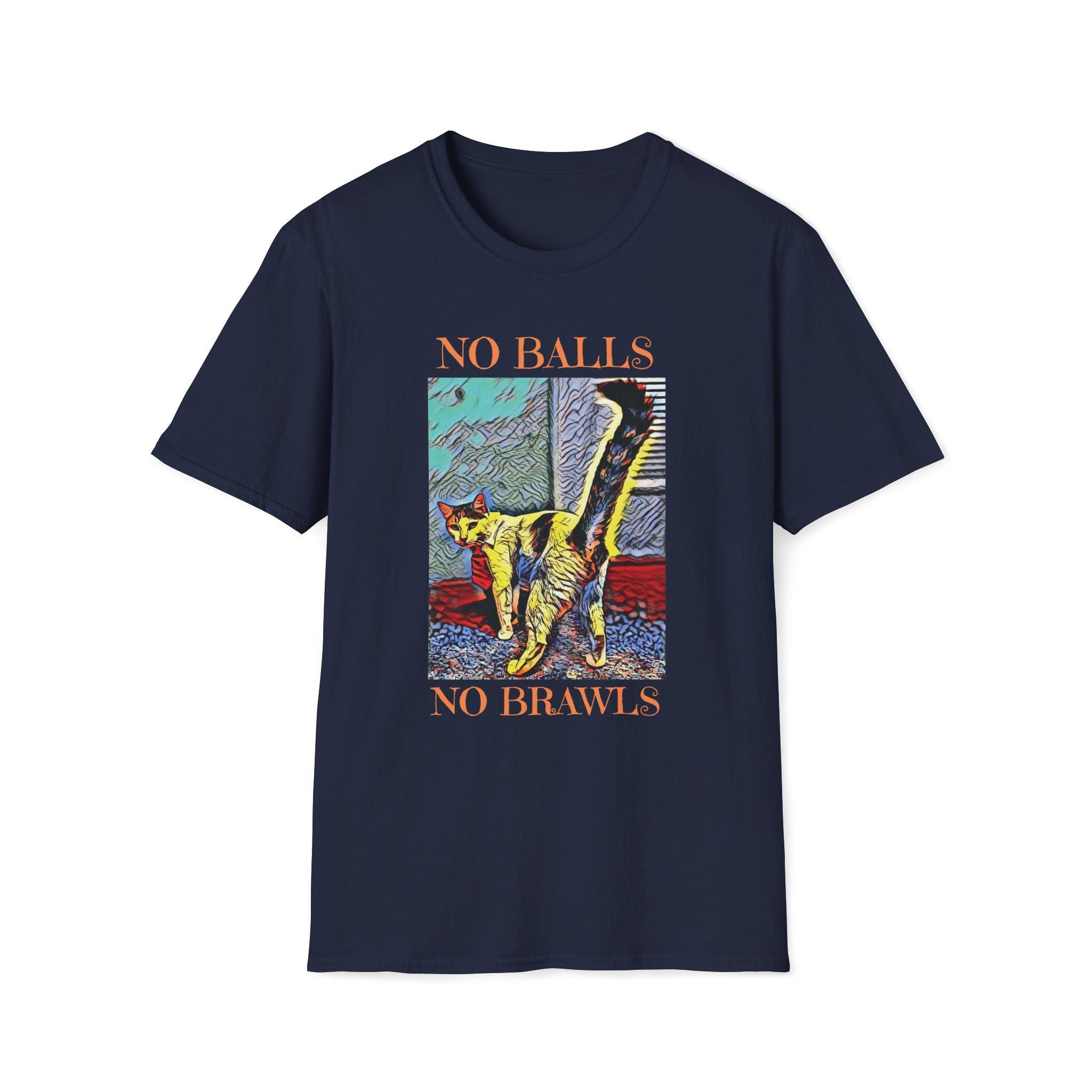 Sassy Navy Blue  “No Balls No Brawls” cat rescue shirt featuring a colorful cat design. Funny TNR awareness tee promoting spay and neuter programs, animal rescue, and feral cat care