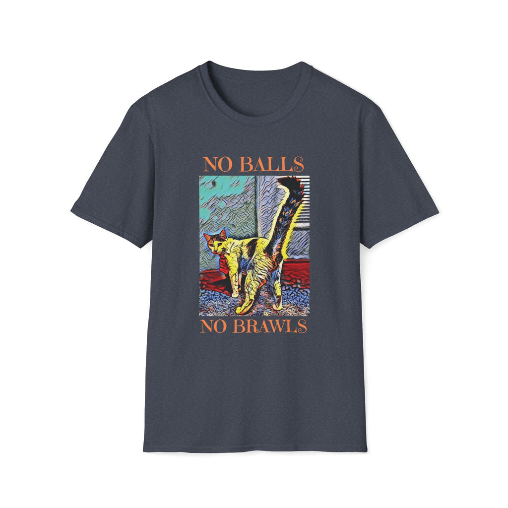 Gray “No Balls No Brawls” cat rescue shirt featuring a colorful cat design. Funny TNR awareness tee promoting spay and neuter programs, animal rescue, and feral cat care.