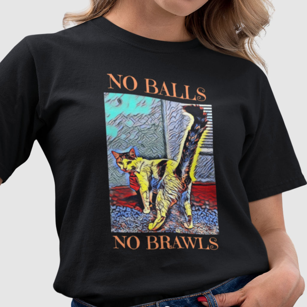 black “No Balls No Brawls” cat rescue shirt featuring a colorful cat design. Funny TNR awareness tee promoting spay and neuter programs, animal rescue, and feral cat care. 