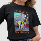 black “No Balls No Brawls” cat rescue shirt featuring a colorful cat design. Funny TNR awareness tee promoting spay and neuter programs, animal rescue, and feral cat care. 