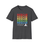 grey “Rescue – Because They Can’t Save Themselves” rainbow animal rescue shirt,  This colorful cat and dog rescue T-shirt with red heart promotes TNR, fostering, and animal rescue awareness — perfect for volunteers and compassionate pet lovers.