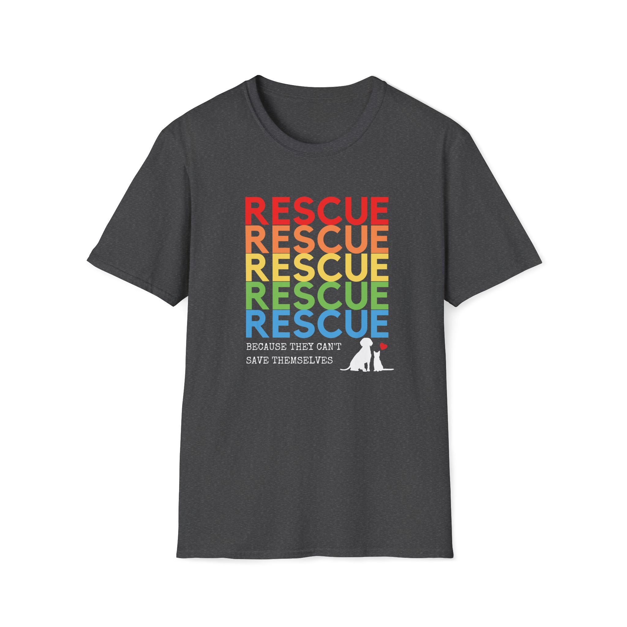 grey “Rescue – Because They Can’t Save Themselves” rainbow animal rescue shirt,  This colorful cat and dog rescue T-shirt with red heart promotes TNR, fostering, and animal rescue awareness — perfect for volunteers and compassionate pet lovers.