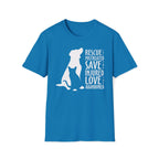 tropical blue shirt with white silhouette of a cat and dog beside the words “Rescue the Mistreated, Save the Injured, Love the Abandoned.” Animal rescue awareness design supporting adopt don’t shop, TNR, and shelter pet advocacy.