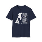 navy shirt with white silhouette of a cat and dog beside the words “Rescue the Mistreated, Save the Injured, Love the Abandoned.” Animal rescue awareness design supporting adopt don’t shop, TNR, and shelter pet advocacy.
