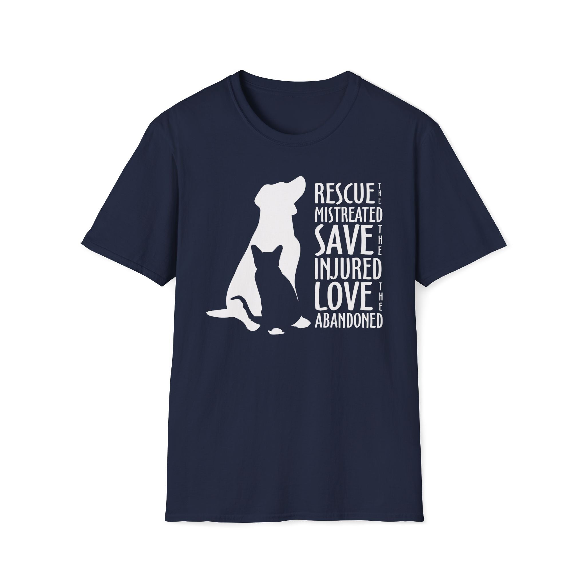 navy shirt with white silhouette of a cat and dog beside the words “Rescue the Mistreated, Save the Injured, Love the Abandoned.” Animal rescue awareness design supporting adopt don’t shop, TNR, and shelter pet advocacy.