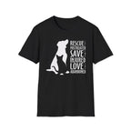 Black shirt with white silhouette of a cat and dog beside the words “Rescue the Mistreated, Save the Injured, Love the Abandoned.” Animal rescue awareness design supporting adopt don’t shop, TNR, and shelter pet advocacy.