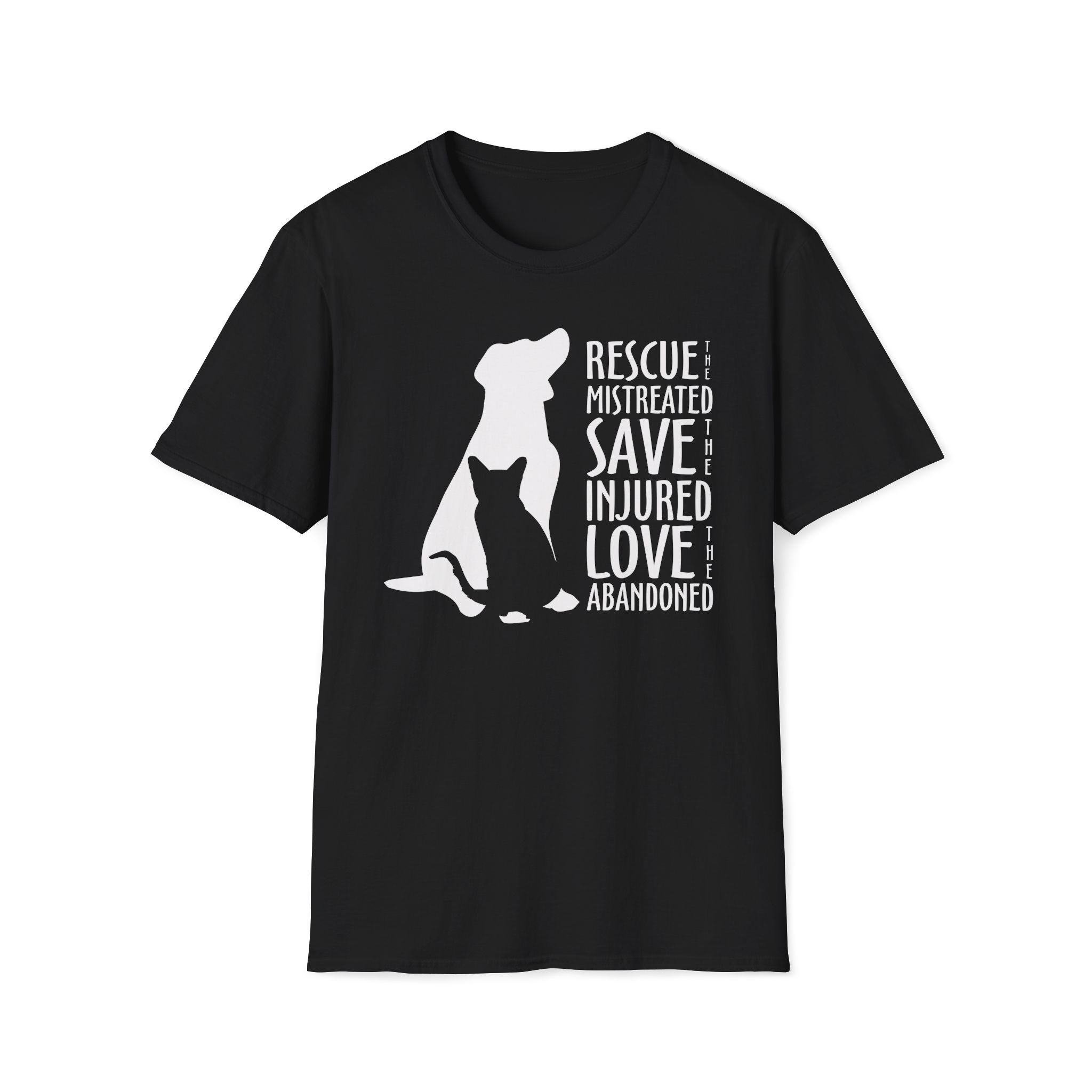 Black shirt with white silhouette of a cat and dog beside the words “Rescue the Mistreated, Save the Injured, Love the Abandoned.” Animal rescue awareness design supporting adopt don’t shop, TNR, and shelter pet advocacy.