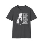 Black heather shirt with white silhouette of a cat and dog beside the words “Rescue the Mistreated, Save the Injured, Love the Abandoned.” Animal rescue awareness design supporting adopt don’t shop, TNR, and shelter pet advocacy.