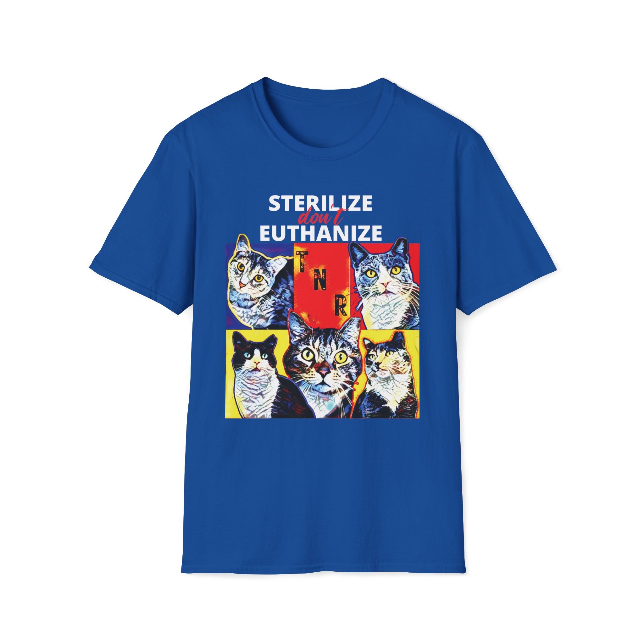 royal blue tee shirt with bold artistic design featuring eartipped cats and the words TNR Sterilize Don't Euthanize advocating for feral and stray cat populations. Perfect for gift Feral Cat Trapper Rescue Volunteer and Spay Neuter Clinic worker and veterinary tech.