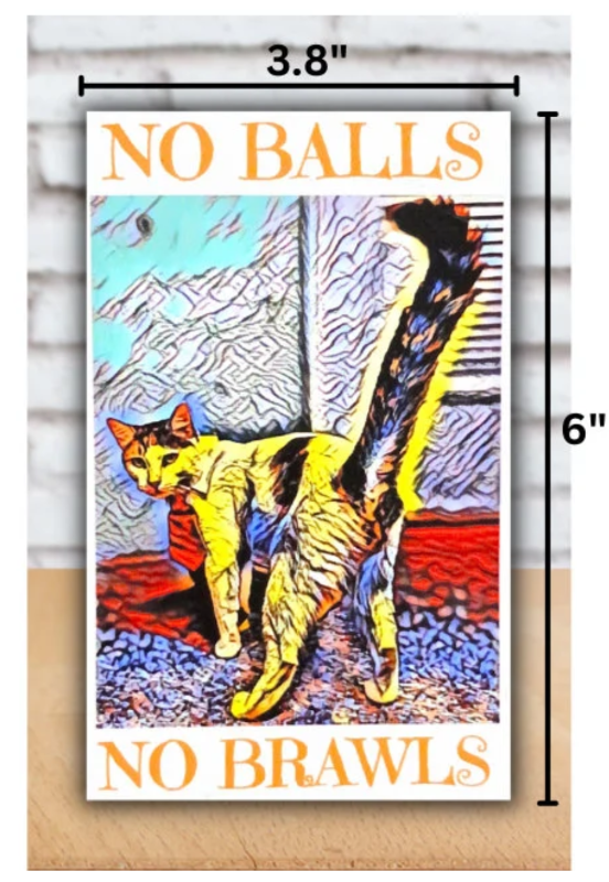 TNR Sticker reads No Balls No Brawls for Trap Neuter Return Advocates, Colony Care Givers, Community Cats, Feral Cats, Stray Cats, Street Cats. Animal Rescue and Trap Neuter Return 