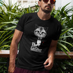 Man with sunglasses wearing a black tshirt with cat dressed in black tuxedo with red rose in the style of the classic movie bold stylized print reads The Cat Father 