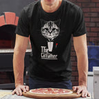 Man wearing a black tshirt with cat dressed in black tuxedo with red rose in the style of the classic movie bold stylized print reads The Cat Father 