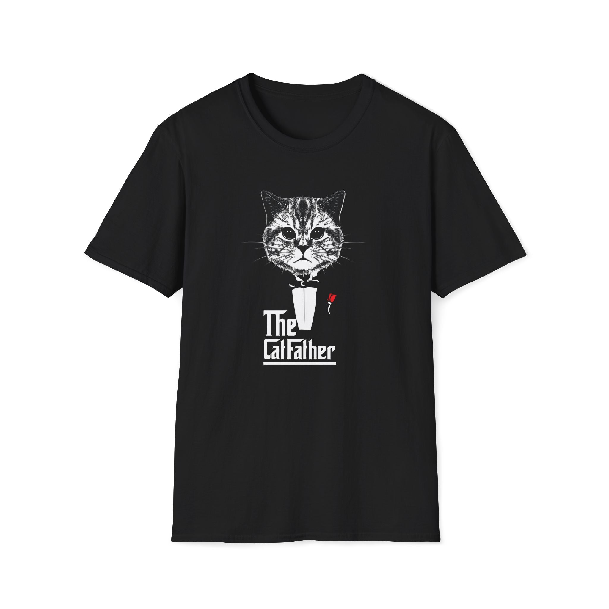 Mock up of a black tshirt with cat dressed in black tuxedo with red rose in the style of the classic movie bold stylized print reads The Cat Father