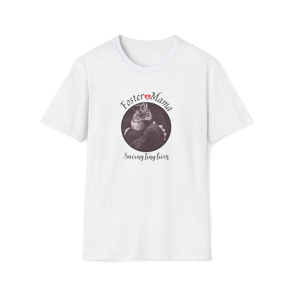 White t-shirt with a graphic of a cat and text 'Foster Mama Saving tiny lives' on a white background