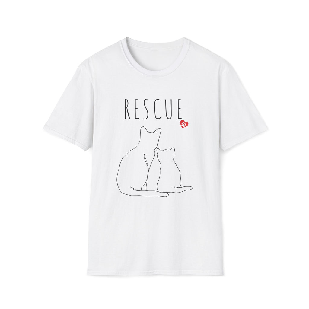 White t-shirt with 'RESCUE' text and cat illustrations on a white background