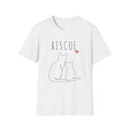 White t-shirt with 'RESCUE' text and cat illustrations on a white background