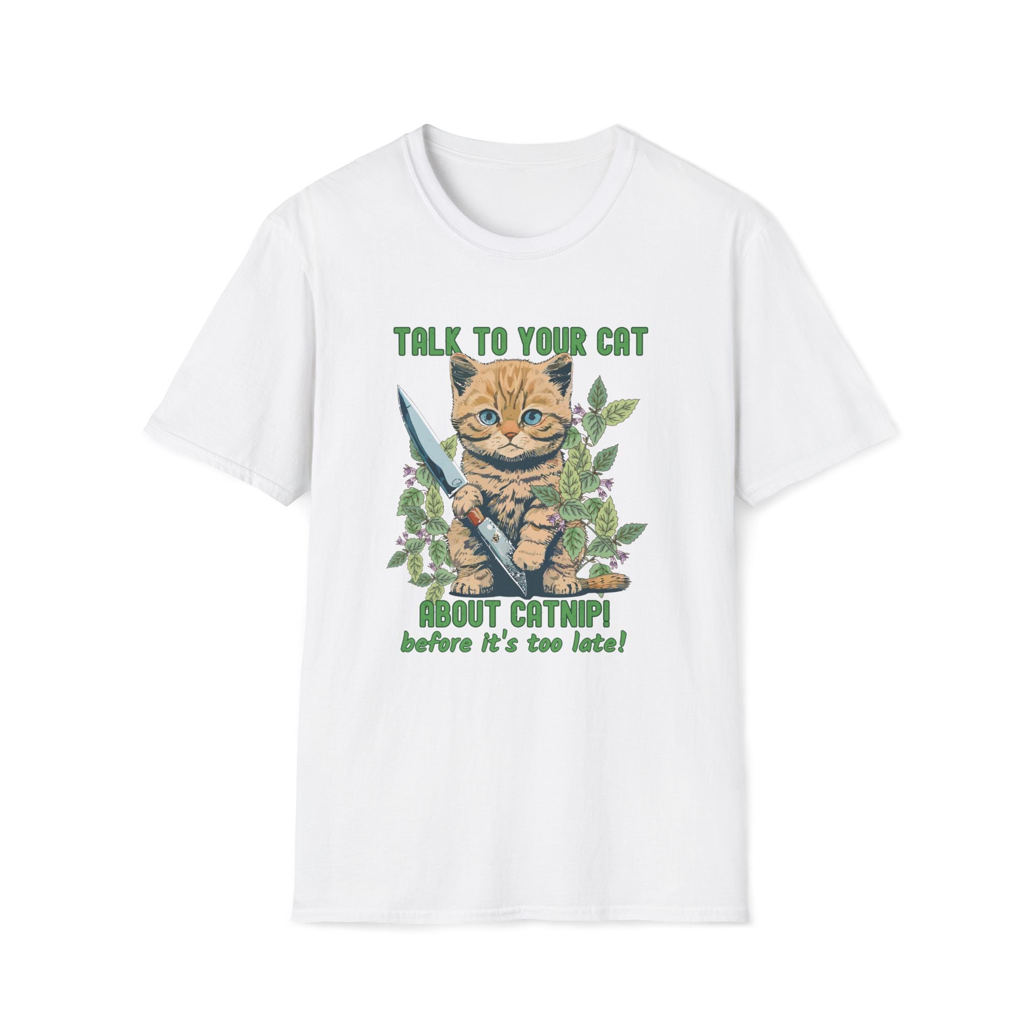 White t-shirt with a graphic of a cat holding a sword and text about catnip on a white background